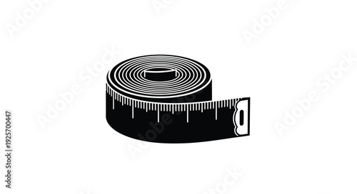 A coiled measuring tape illustration in black and white tones