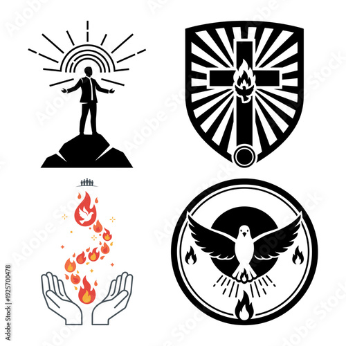 Pentecost Symbol Icon Bundle with Candles Cross Dove Flame and Map Pin Element