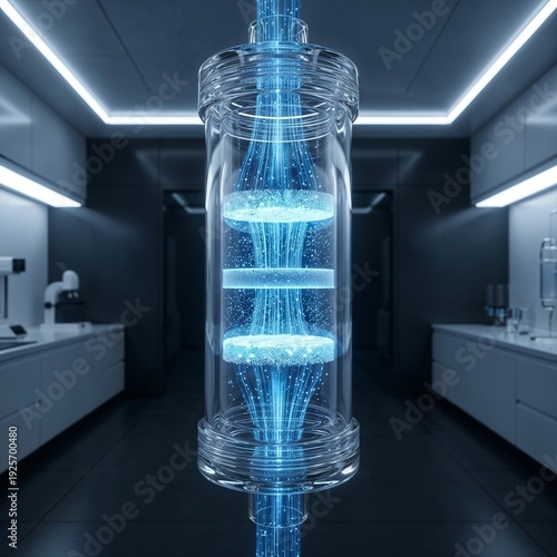 Futuristic cylindrical device with flowing blue liquid energy in a high-tech laboratory, transparent tube, metallic ends, glowing fluid and bubbles, concept of advanced technology, clean energy and sc