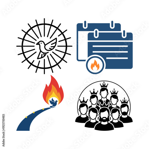 Pentecost Bible Icon Bundle with Church Fire Dove Cross and Revival Crowd Scene