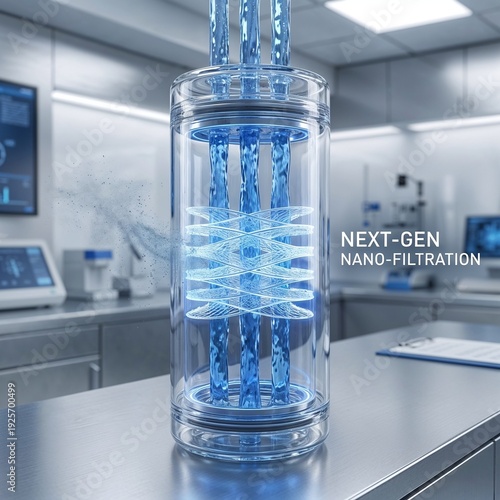Futuristic cylindrical device with flowing blue liquid energy in a high-tech laboratory, transparent tube, metallic ends, glowing fluid and bubbles, concept of advanced technology, clean energy and sc
