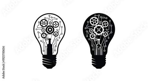 Two stylized lightbulbs filled with intricate gear and circuit designs