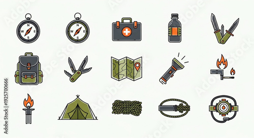 Collection of camping and survival gear icons.