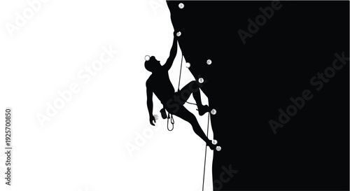 silhouette of man rock climbing wall with holds