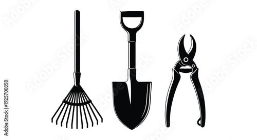 Black and white illustration depicting gardening tools a rake shovel and pruning shears