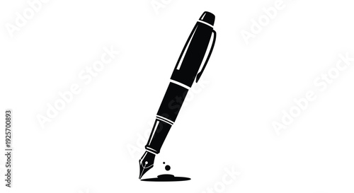 A black fountain pen with a small ink droplet on white background