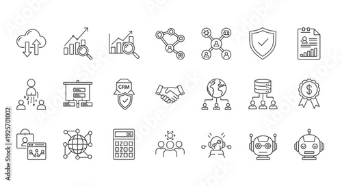 Collection of business and technology icons in a hand-drawn sketch style.