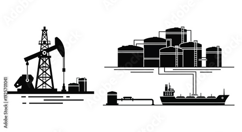 Oil industry infrastructure pumpjack storage tanks pipeline and tanker ship