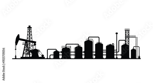 Silhouetted oil rig and industrial complex against a white background