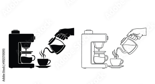 Coffee maker illustration showing pouring process in black and white