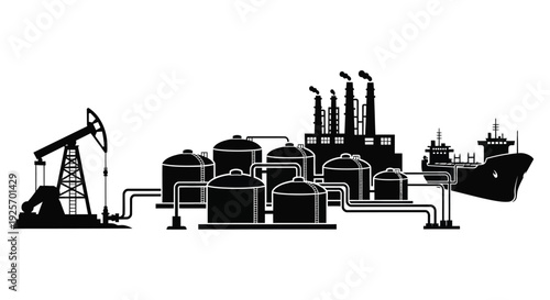 Industrial complex featuring oil rigs storage tanks and a ship silhouette