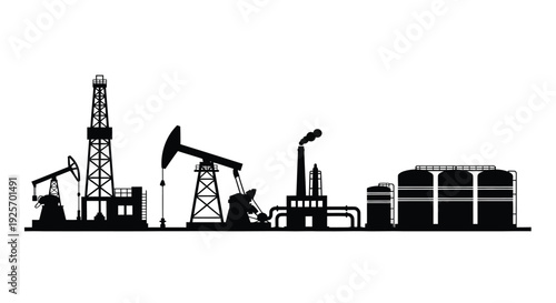 Silhouette of an oil field with pumps tanks and industrial structures