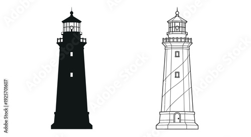 Two lighthouse illustrations one solid black the other a line drawing