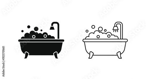 Black and white line icons depicting a bathtub filled with bubbles