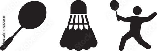 Badminton icons: racket, shuttlecock, and player for sports and games in silhouette