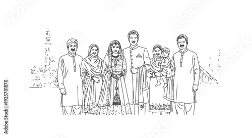 Diverse family in traditional South Asian clothing standing together