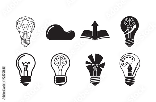 Creative lightbulb and brain icons for innovation and brainstorming concepts including knowledge growth and artistic inspiration symbols for professional business ideas development