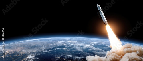 Space shuttle launches into the sky from Earth for an interstellar mission on a clear day with visible clouds and distant cities below