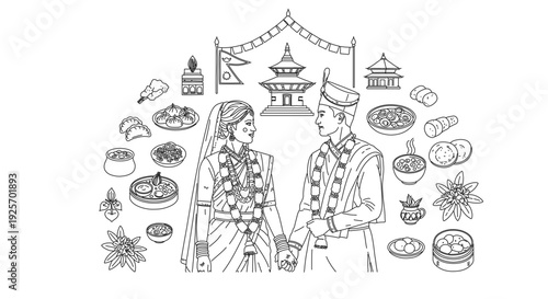 Traditional Nepalese couple in cultural attire with festive food and architecture