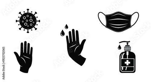 Coronavirus safety icons depicting virus mask handwashing and sanitizer
