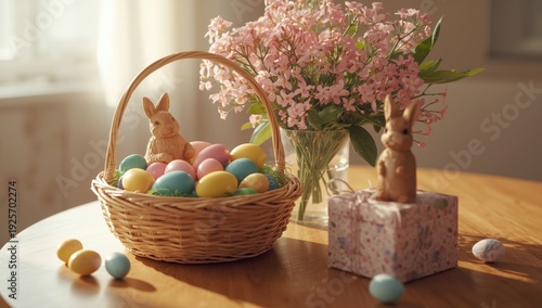 Easter basket with colorful eggs and bunnies on a table with flowers