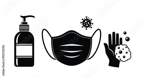 Black and white icons depicting hygiene essentials sanitizer mask and handwashing