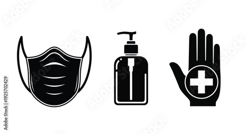 Safety icons depicting a mask hand sanitizer and medical glove
