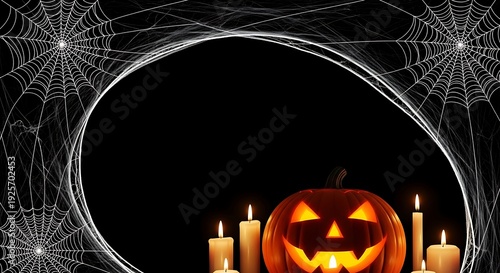 Halloween Pumpkin with Candles and Cobwebs.