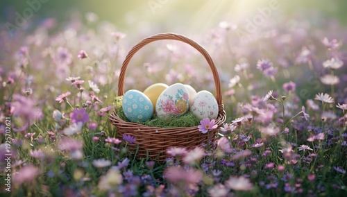 Easter eggs in a wicker basket on green grass surrounded by purple and pink flowers purple flowers