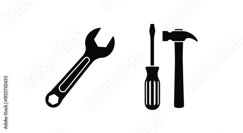 Black silhouette icons depict a wrench screwdriver and hammer