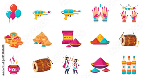 Vibrant holi celebration icons set with colorful powders and festive elements on white background