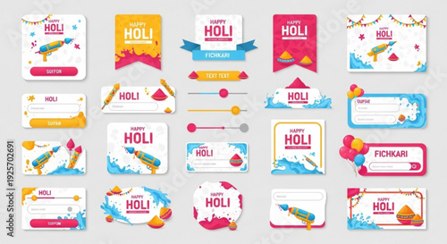 Vibrant holi festival colorful stickers and labels with text and graphics on grey background