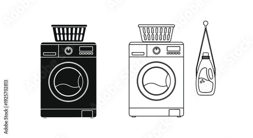Line art illustration of laundry appliances washers dryers and a basket