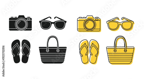 Summer vacation icons featuring cameras sunglasses flip flops and shopping bags
