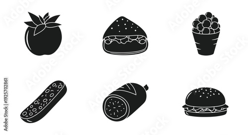 Black and white illustration of various food items including fruit and snacks