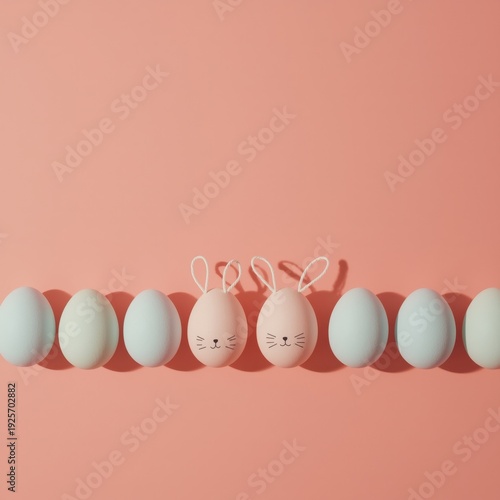 Pastel easter eggs with bunny faces and ears on pink background pastel eggs bunny eggs white eggs