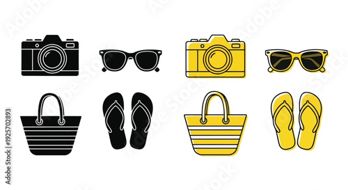 Summer vacation icons cameras sunglasses and beach accessories displayed