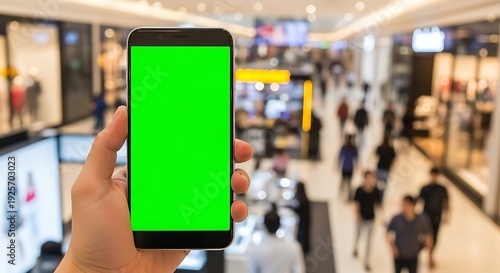 Wallpaper Mural Hand holding smartphone with green screen in mall. Torontodigital.ca