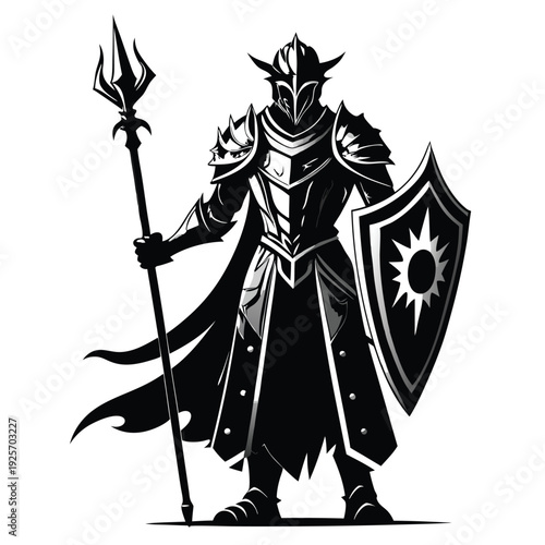 medieval knight silhouette line art vector illustration with a white background