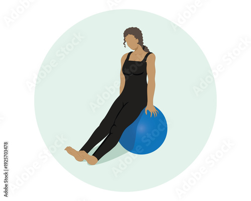 Vector illustration design of a woman who appears to be sitting and doing exercise using a large blue ball which is usually called a gym ball or fitball or swiss ball