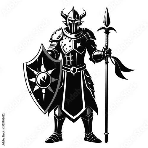 medieval knight silhouette line art vector illustration with a white background