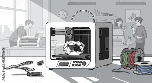 3D printer vector illustration with people working in a creative office environment. Includes tools, filament spools, and a geometric object being printed.