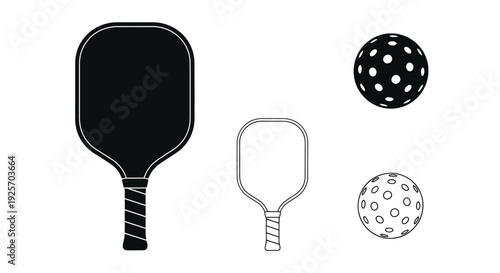 Pickleball equipment including paddles and balls a black silhouette