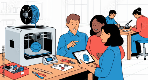 People using 3D printer for manufacturing and design with tablet