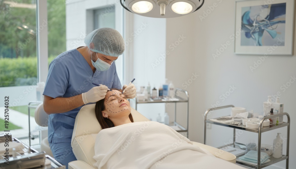 Fototapeta premium Cosmetic Procedure in Modern Clinic Cosmetic Treatment Medical Professional Patient Care Beauty Clinic Skincare Aesthetic Procedure Healthcare. Concept featuring cosmetic treatment, medical profess...