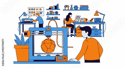 Engineers collaborating around large 3d printing machine in workshop setting