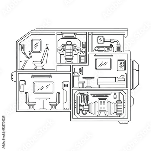 Cutaway of futuristic spaceship interior showing cockpit, living quarters, and engine room