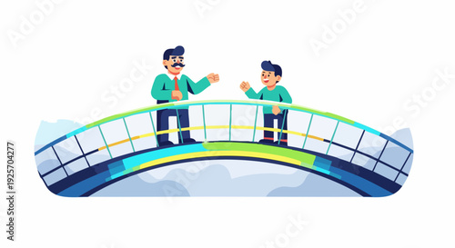 Vector graphic illustrating two men conversing on a symbolic bridge