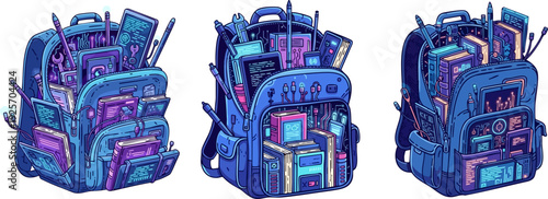Student's vibrant backpack bursting with artistic and technological supplies graphic