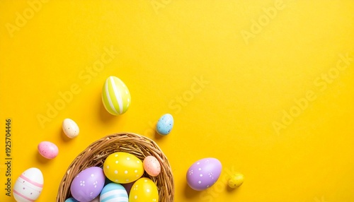 Basket of decorated Easter eggs with pastel patterns on bright yellow background